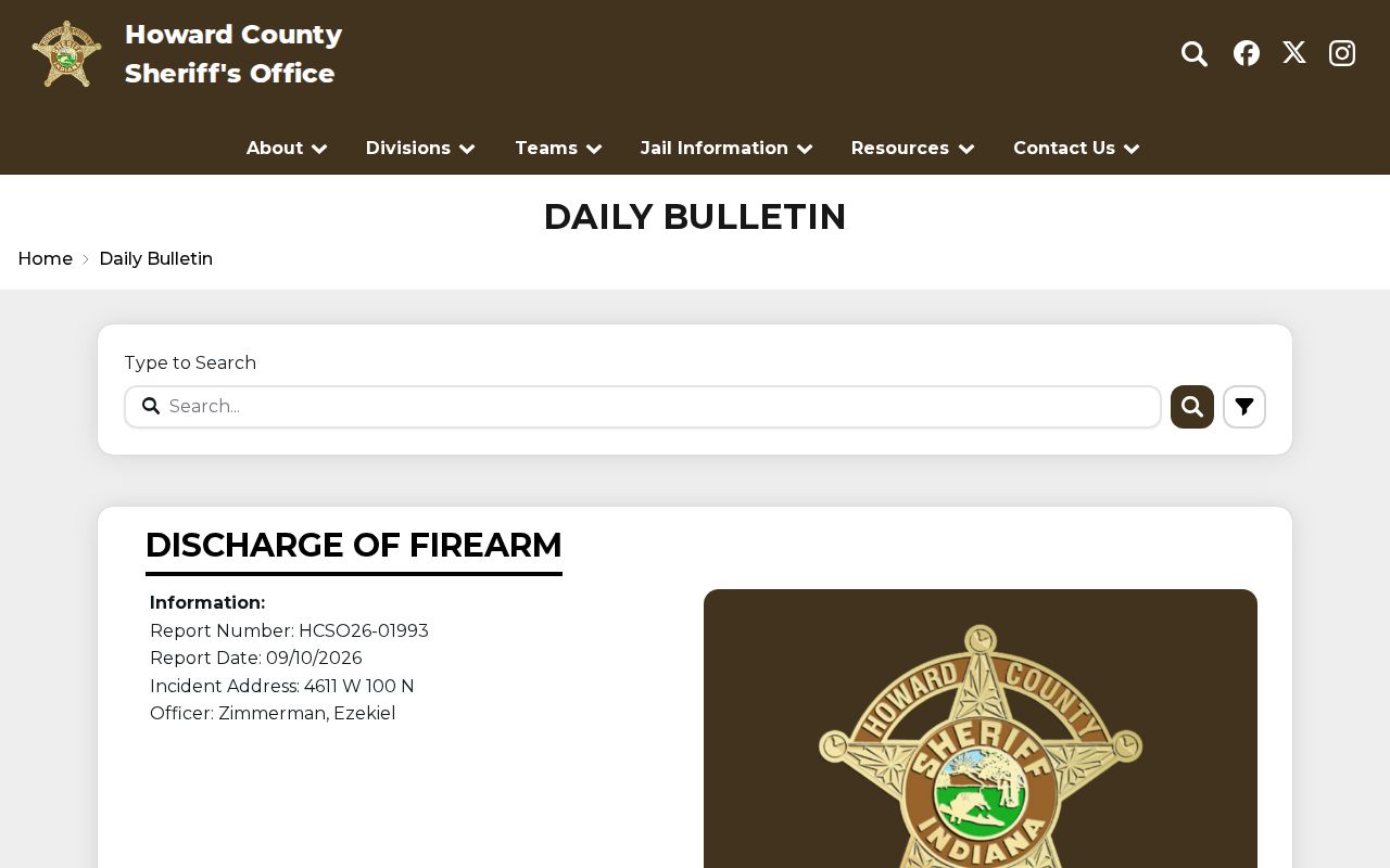 Howard County Sheriff Daily Bulletin search header without person-level entries