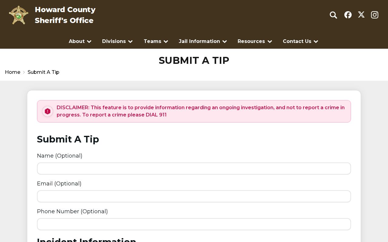 Howard County Sheriff official Submit a Tip page