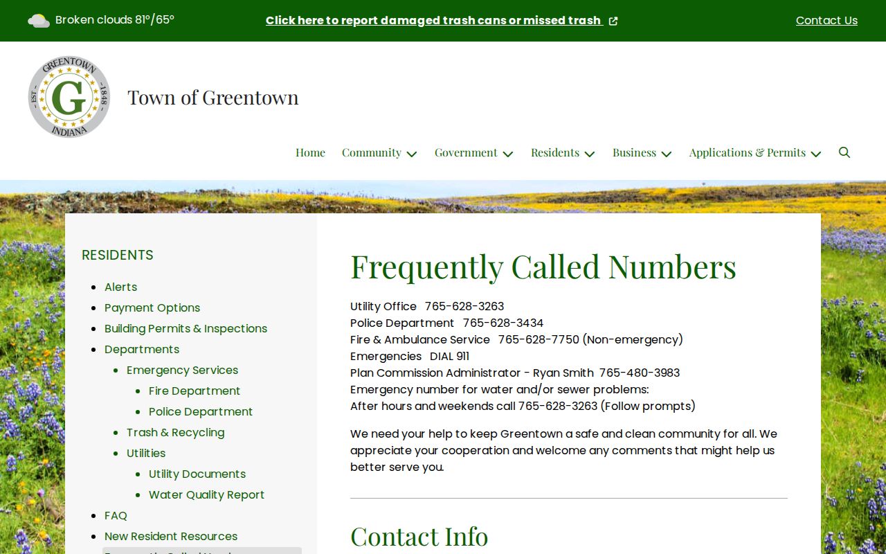 Greentown civic address and frequently called numbers