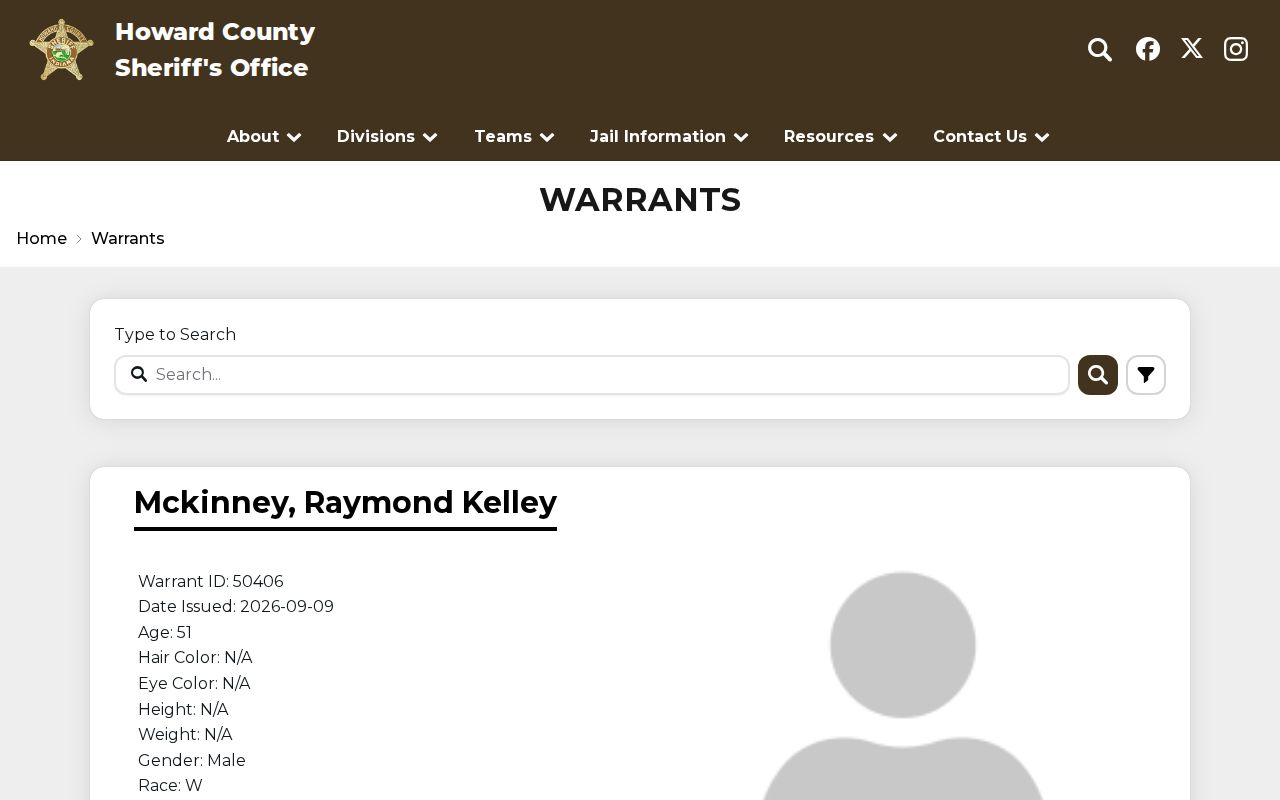 Howard County Sheriff warrant search interface without person-level roster cards