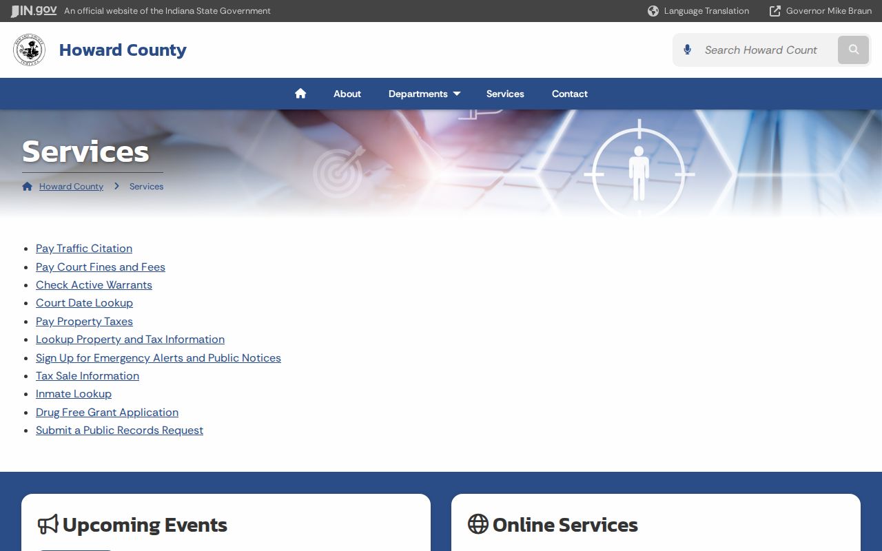 Howard County services links for active warrants, court dates, payments, and public records