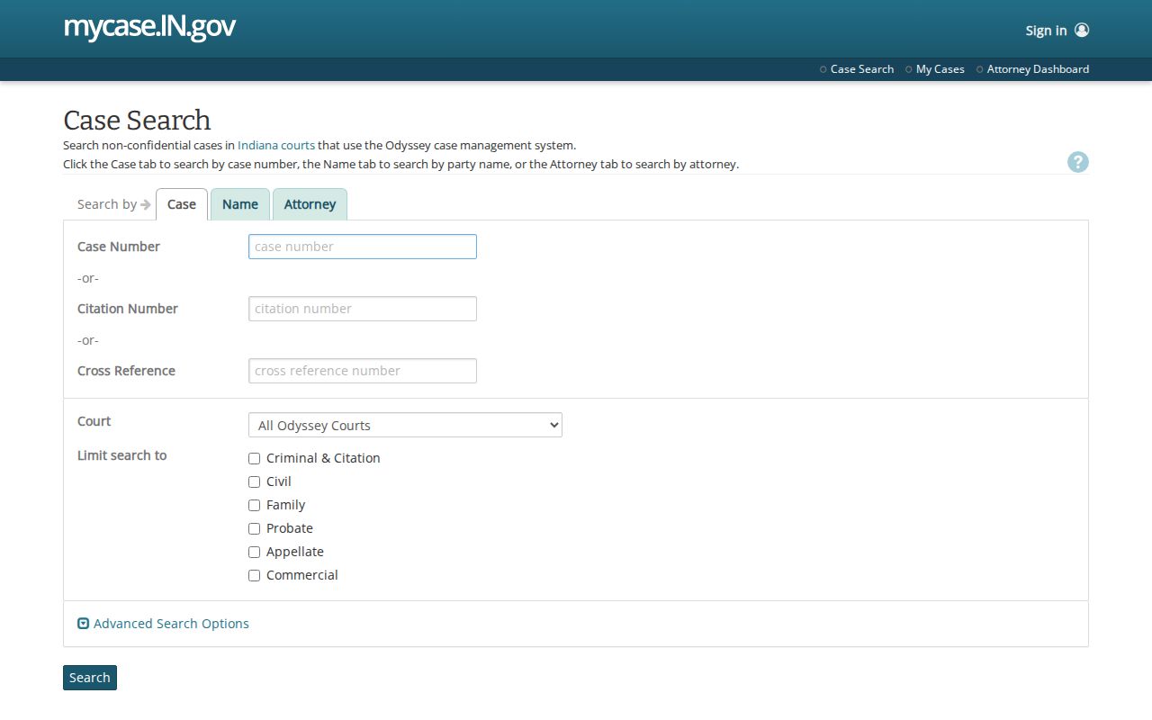 Indiana MyCase public court case search landing interface